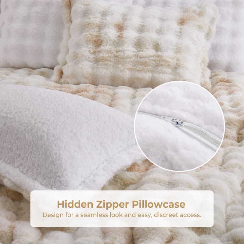 3 Pieces Fluffy Faux Rabbit Fur Comforter Set, Plush Fuzzy Bedding Set for Winter
