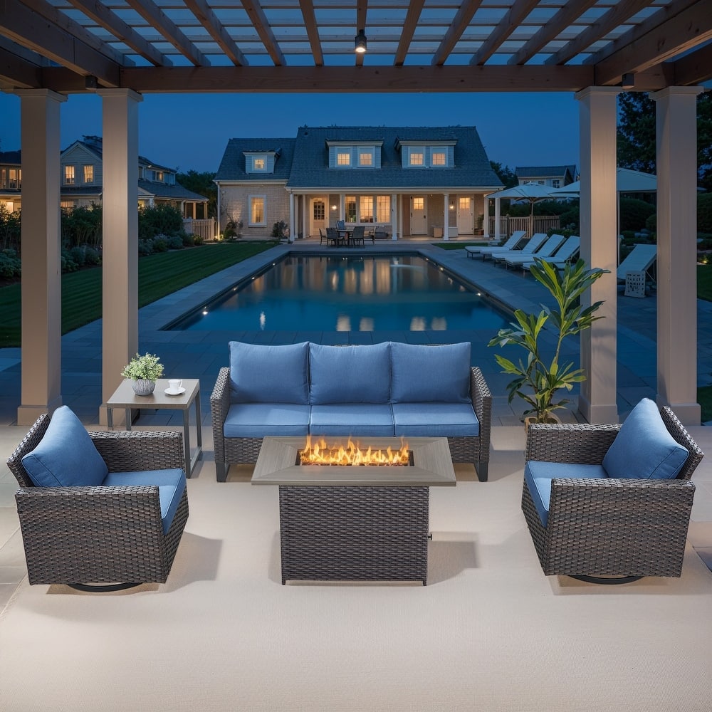 Outdoor Sofa with Swivel Rocker Chairs and Fire Pit Table