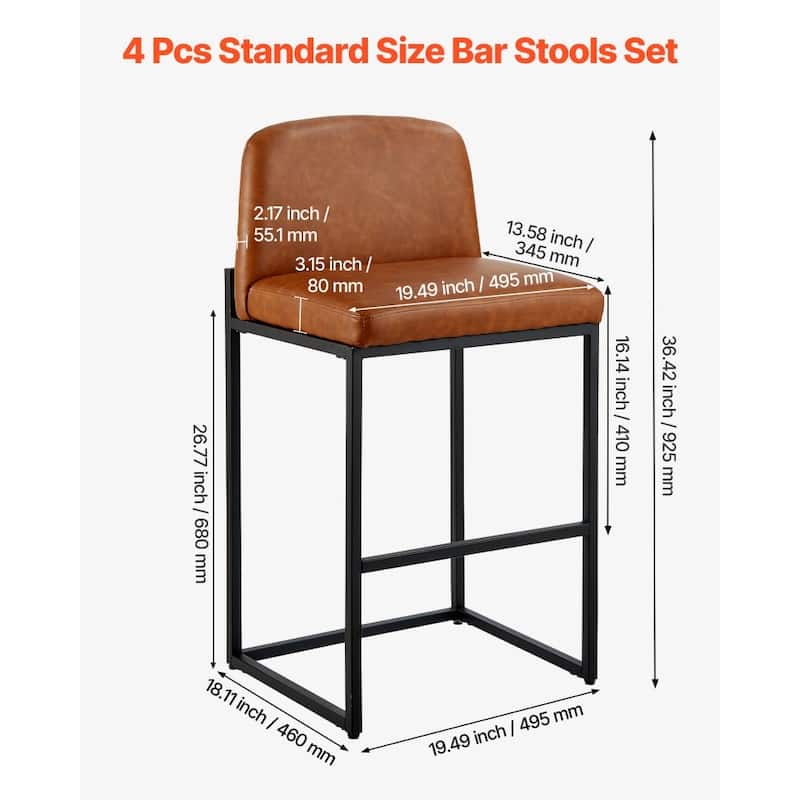 Set of 4 Brown PU Leather Counter Height Bar Stools with Low Backrest and Sturdy Metal Frame - 19.49” x 18.11” x 36.42”