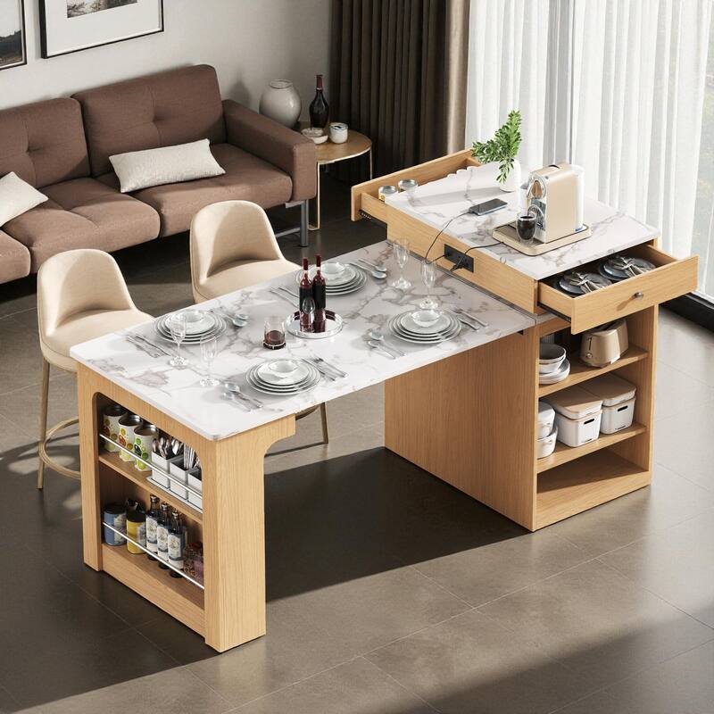 59.5" Kitchen Island with Extendable Table, Double-Sided Storage, Power Outlet, Drawers and Shelves