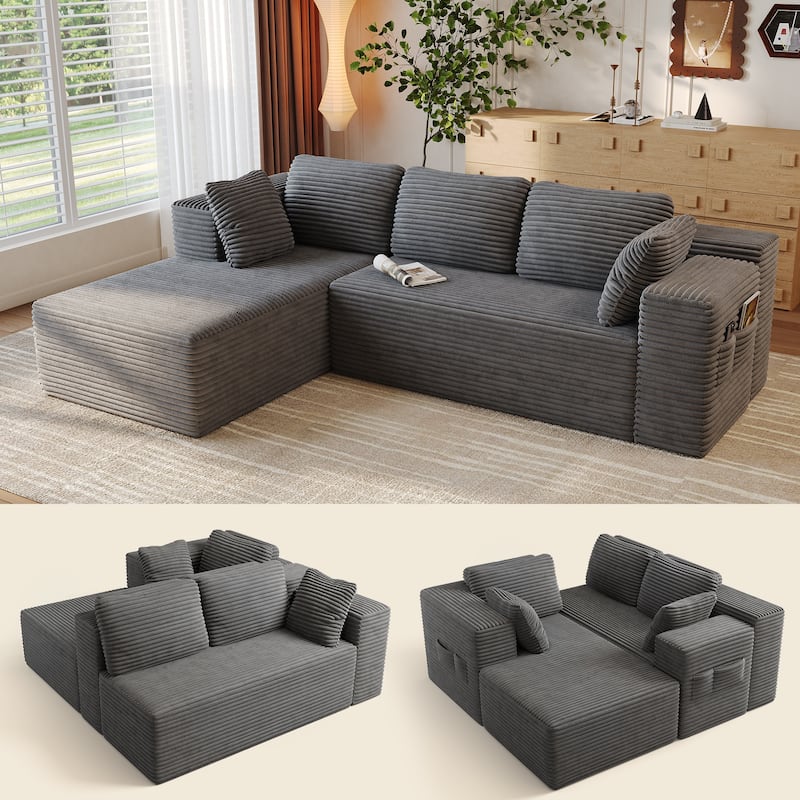 105" Cloud Sectional Couch with L-Shape Chaise, Modular Boneless Sofa, Upholstered Corduroy Couch - Dark Grey