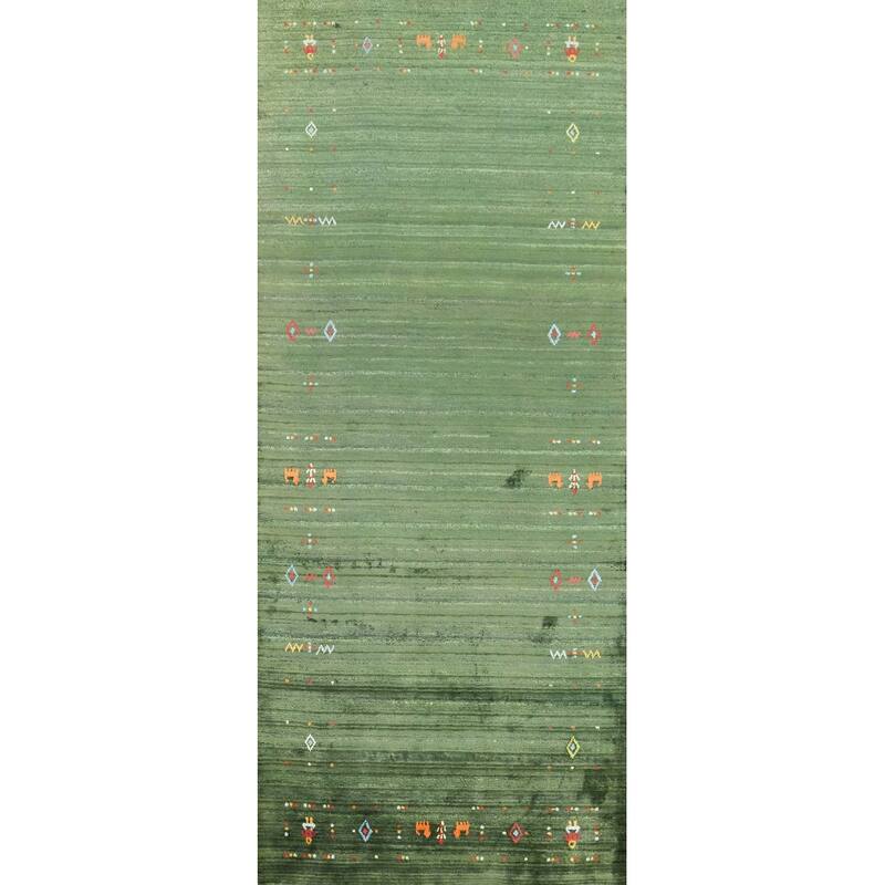 Hand Knotted Oriental Viscose Silk Carpet Tribal Animal Pictorial Green Gabbeh Runner Rug - 7' 6'' X 3' 0''