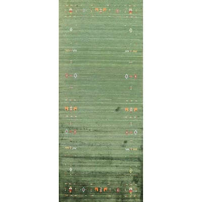 Hand Knotted Oriental Viscose Silk Carpet Tribal Animal Pictorial Green Gabbeh Runner Rug - 7' 6'' X 3' 0''