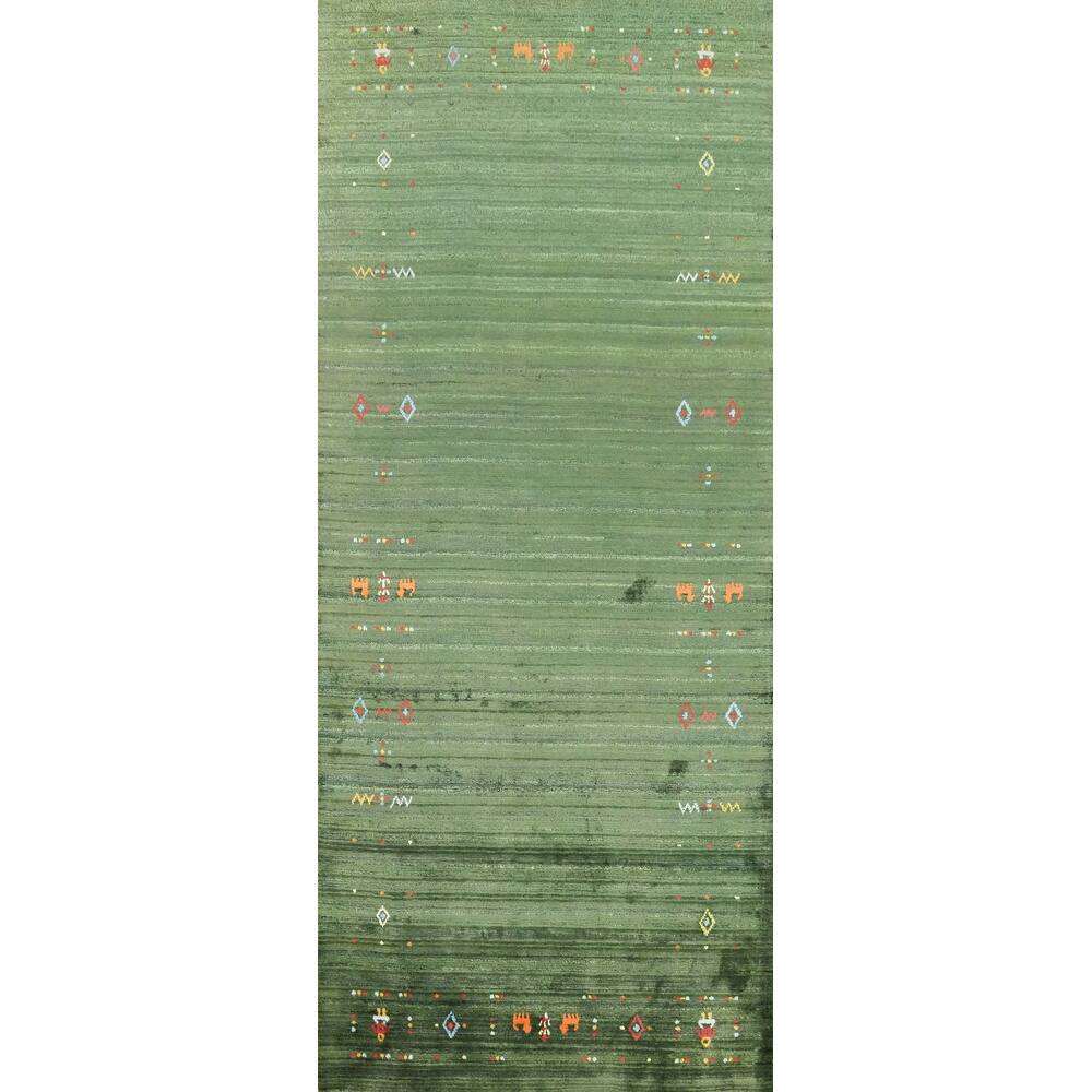 Hand Knotted Oriental Viscose Silk Carpet Tribal Animal Pictorial Green Gabbeh Runner Rug - 7' 6'' X 3' 0''