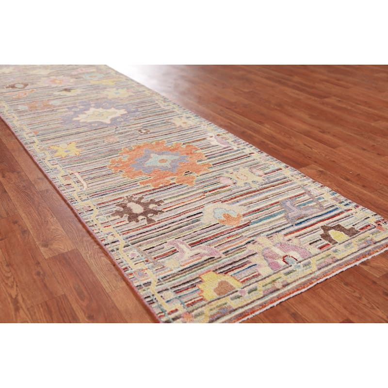 Hand Knotted Oriental 100% Wool Carpet Transitional Floral Multi-Colored Oushak Runner Rug - 9' 9'' X 2' 7''
