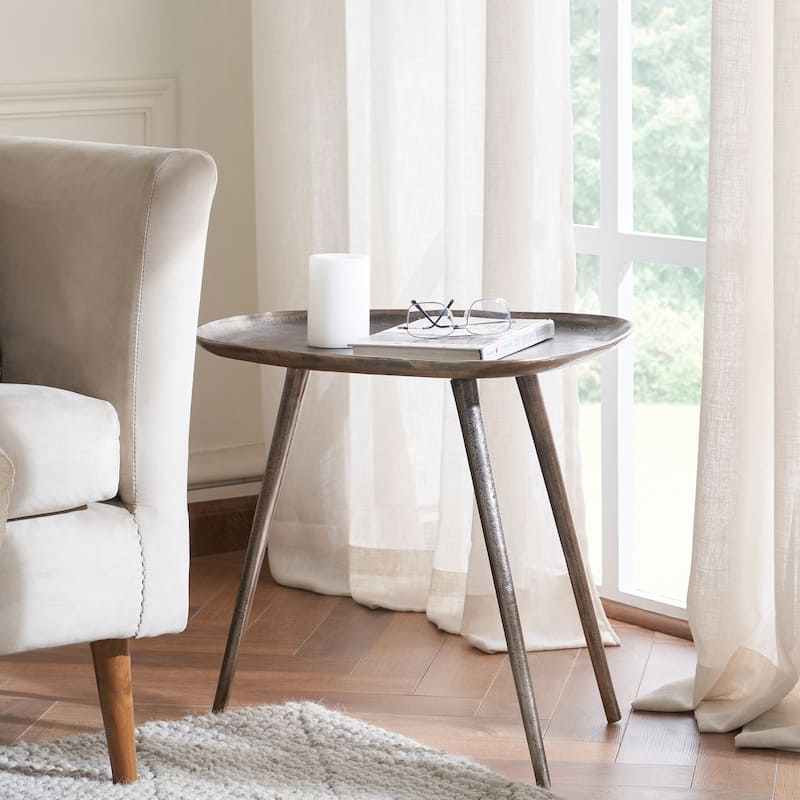 Metal End Table with Rounded Triangular Shape and Three Legs, Handcrafted Aluminum Side Table with Rustic Modern Finish - 20