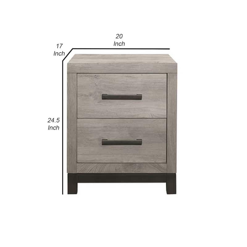 Deena 25 Inch Classic 2 Drawer Nightstand, Metal Handles, Wood Grain Gray