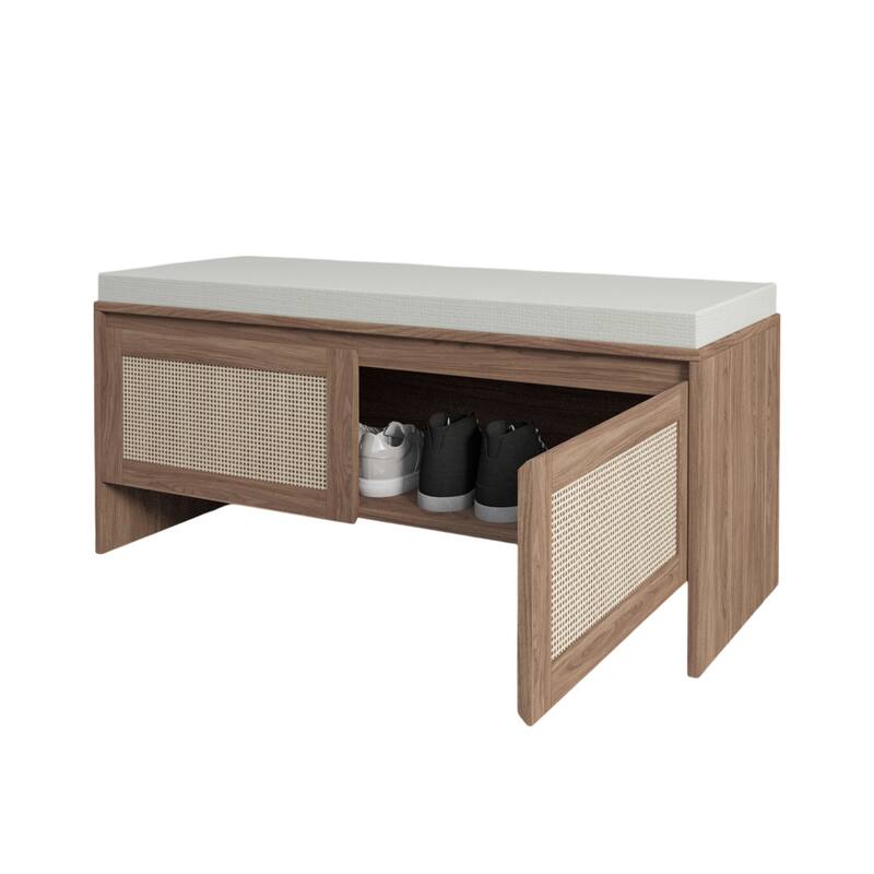 PP Rattan Storage Bench with Cushion, Faux Rattan Shoe Cabinet with 2 Doors, Mid-Century Modern Wood Entryway Seat