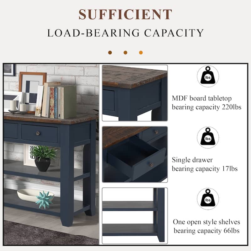 3-Tier Console Table, Entryway Table with Pine Wood Top 3 Storage and Drawers, Sofa Side Table With 2 Open Storage Shelf