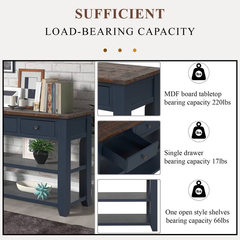 Wood Top Console Table, Modern Entryway Sofa Side Table with 3 Storage Drawers and 2 Shelves. Easy to Assemble (Blue)