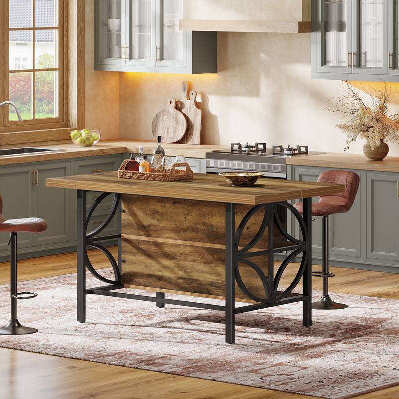 2-Tier Long Kitchen Bar Height Table with Footrest, Rustic Brown