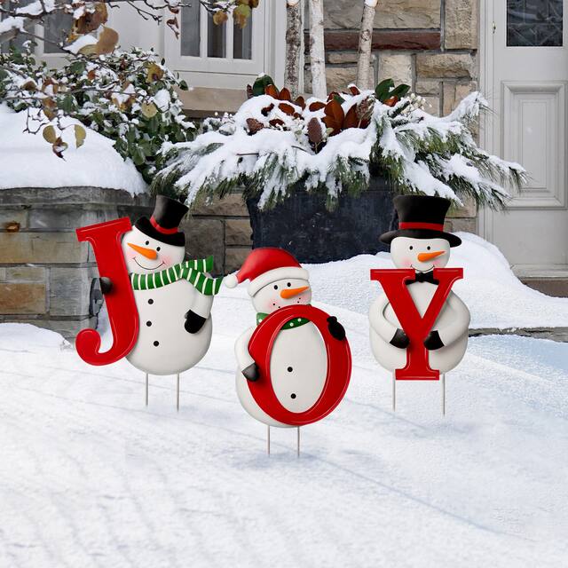 Glitzhome Metal Vertical or Horizontal "JOY" Snowman/Gingerbread Man Family Yard Stake - Snowman