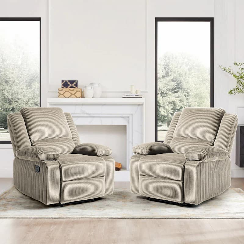 2Set Modern Lounger Upholstered Push Back Manual Recliner Chair - Oatmeal(Corduroy)