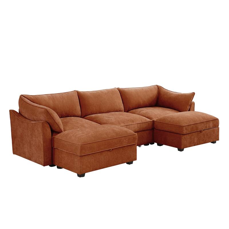 GDFStudio - Chenille U-Shaped 3-Seater 112.6" Modular Sofa with 2 Ottomans