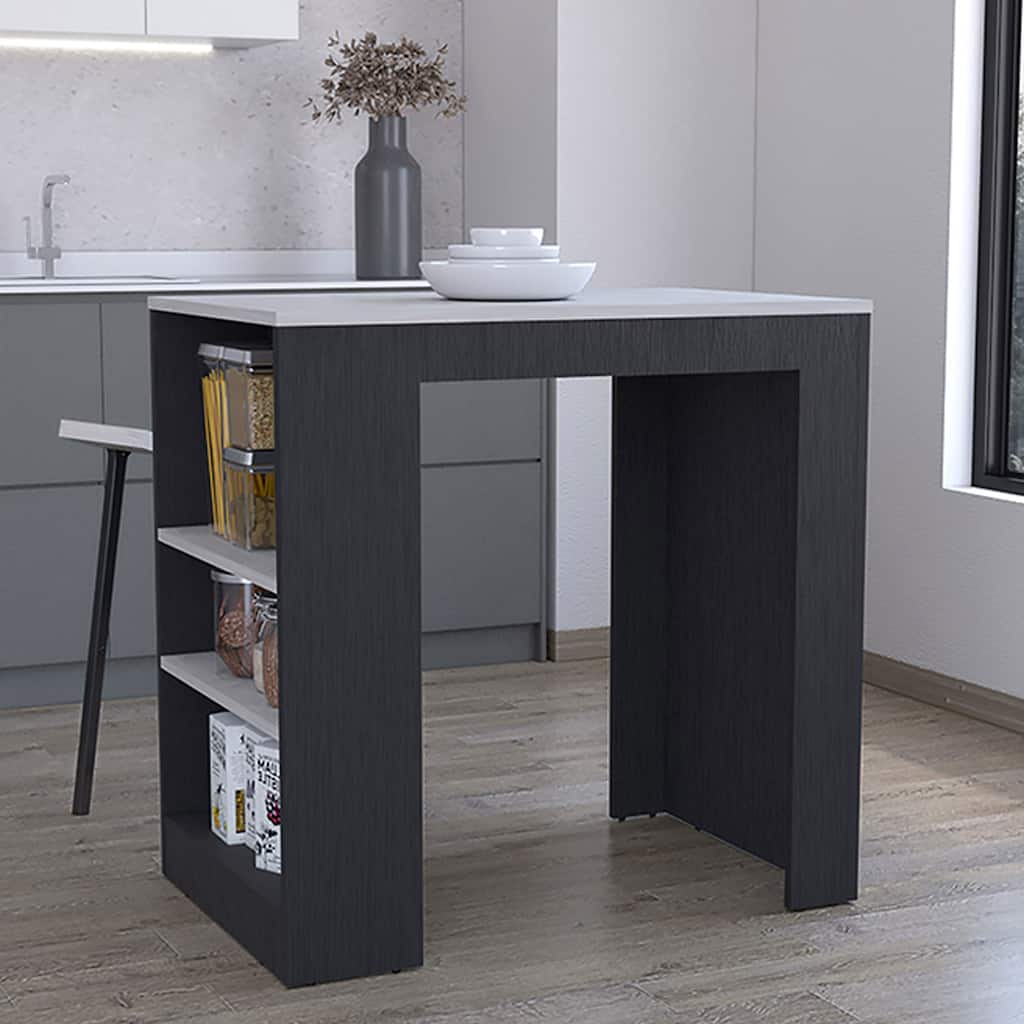 Black & Ibiza Marble Doyle Kitchen Island, Large Surface, 3 Storage Shelves, Compact & Stylish