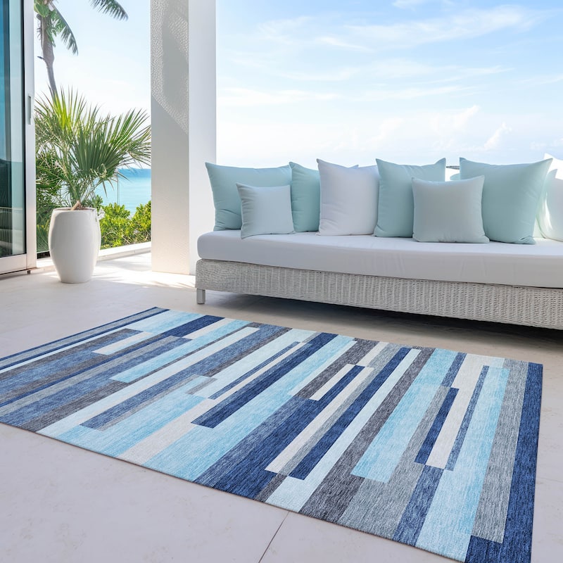 Machine Washable Indoor/ Outdoor Modern Stripes Chantille Rug - Blue - 3' x 5'