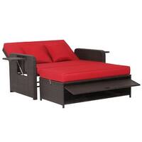 TOPMAX Outdoor Double Sunbed, Wicker Rattan Patio Reclining Chairs with Adjustable Backrest and Seat, Conversational Set for 2 Person, Brown
