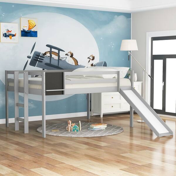 slide 2 of 42, Full Size Pine Loft Bed with Slide, Chalkboard, and Stairs - Fun and Functional Design Gray