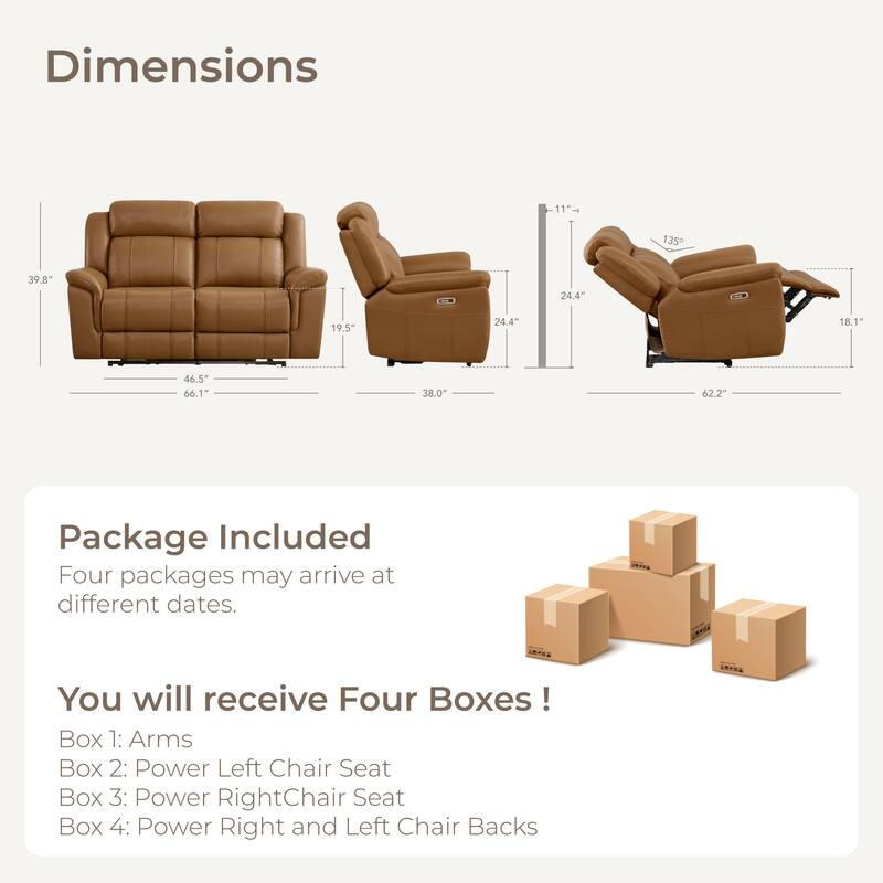 Spruce & Spring Genuine Leather Power Reclining Sofa with Optional Console & Flip-Down Table