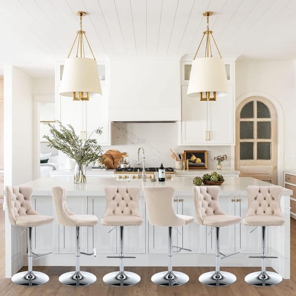 slide 2 of 127, Velvet Upholstered Nailheads Tufted Swivel Bar Stools (Set of 6) Beige SliverBase Set of 6