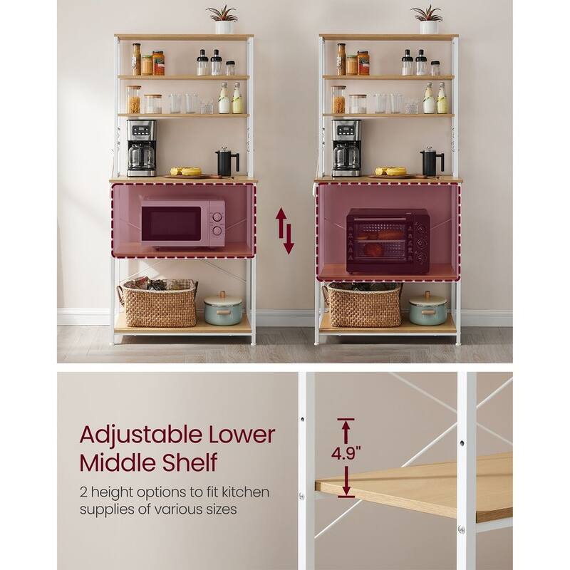 Baker's Rack, Microwave Oven Stand, 6-Tier Kitchen Utility Storage Shelf, 6 Hooks and Metal Frame - 31.5" x 15.7" x 65.7"