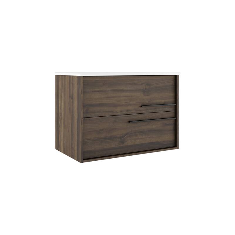 HomeRoots 32" Dark Brown Wood Floating Bathroom Vanity With White Sink And Two Drawers - 32.00 in. x 24.60 in. x 21.60 in.