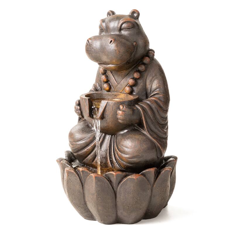 Glitzhome 21.75"H 2-Tiered Lighted Zen Style Frog Elephant Hippo Polyresin Outdoor Fountains