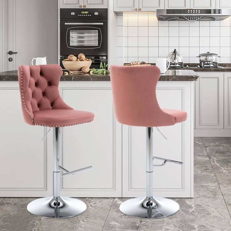 Velvet Upholstered Nailheads Tufted Swivel Bar Stools (Set of 2)
