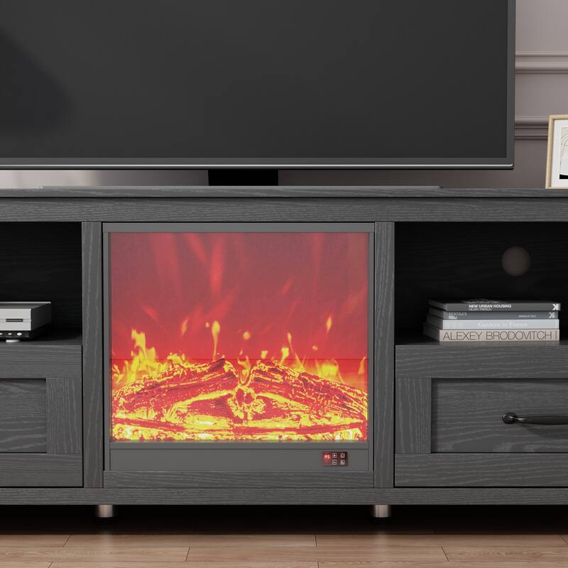 Industrial TV Stand with Fireplace Insert, 2 Drawers, and 4 Storage Compartments, Fits TVs up to 70 Inches