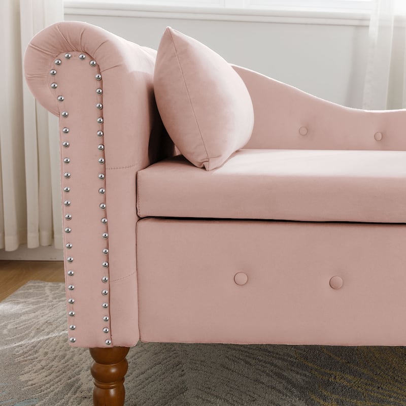 Velvet Upholstered Rolled Arm Chaise Lounge with Storage and Pillow