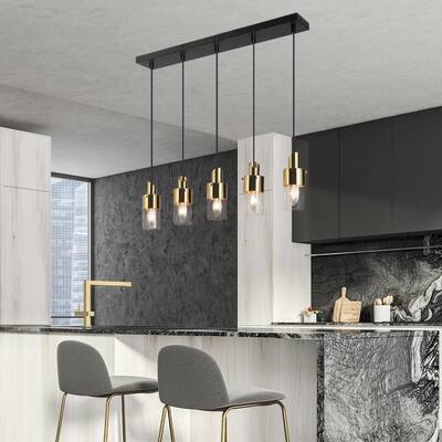 Modern 5-Light Black Gold Linear Chandelier Glass Island Lights for Dining Room