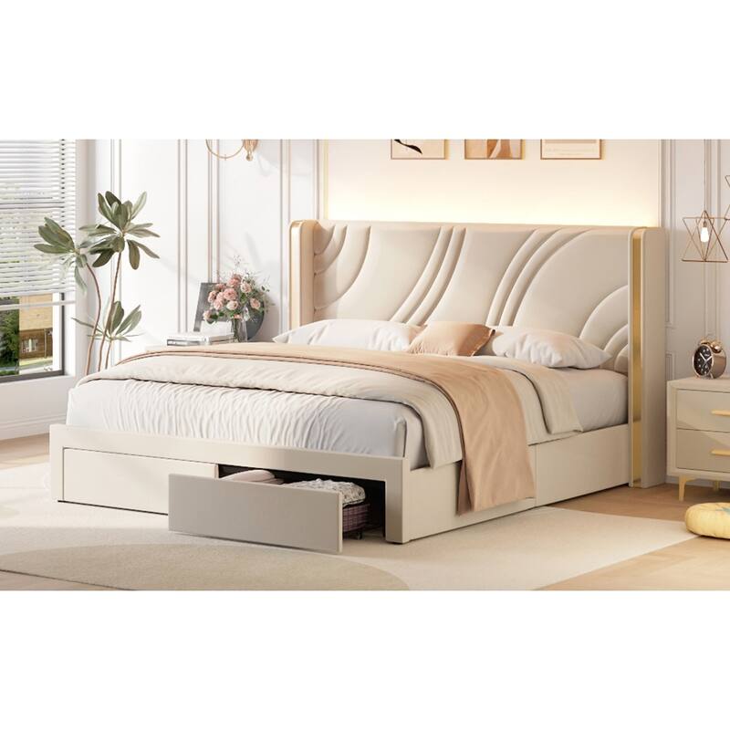 Queen Size Modern Upholstered LED Bed Frame