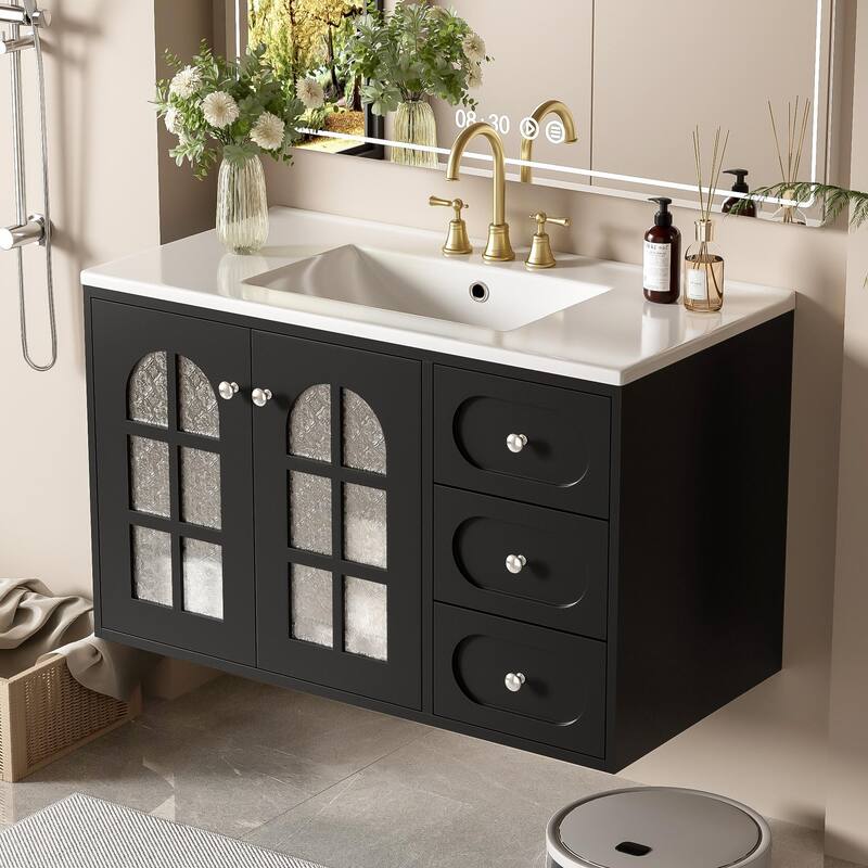 Floating Bathroom Vanity Black Wall Cabinet with Basin Sink Platform, Hazy Embossed Glass Doors, 3 Drawers and Metal Knobs