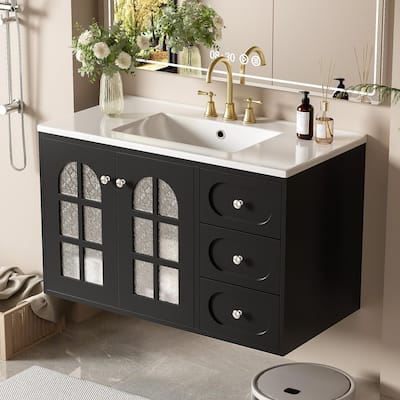 Roomfitters 36" Floating Vanity with Ceramic Sink, Wall Mounted Bathroom Cabinet with 3 Drawers and Soft-close System, Black