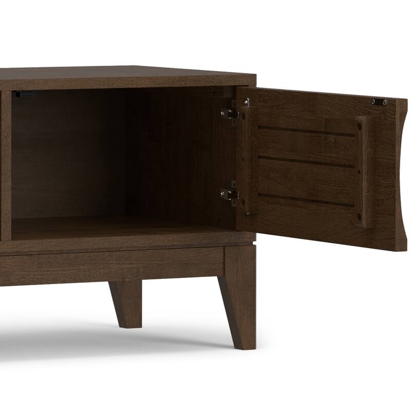 WYNDENHALL Pearson SOLID HARDWOOD 72 inch Wide Modern TV Media Stand in Walnut Brown For TVs up to 80 inches