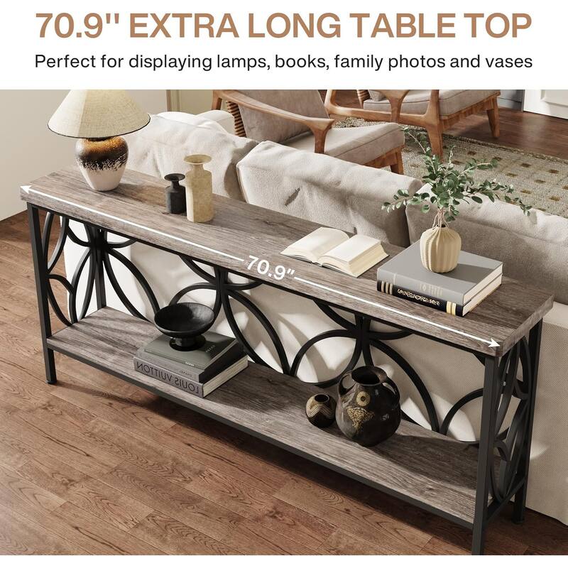 70.9" Extra Long Industrial Console Table, Narrow Sofa Table Behind Couch with Open Storage Shelves, Rustic Entryway Table