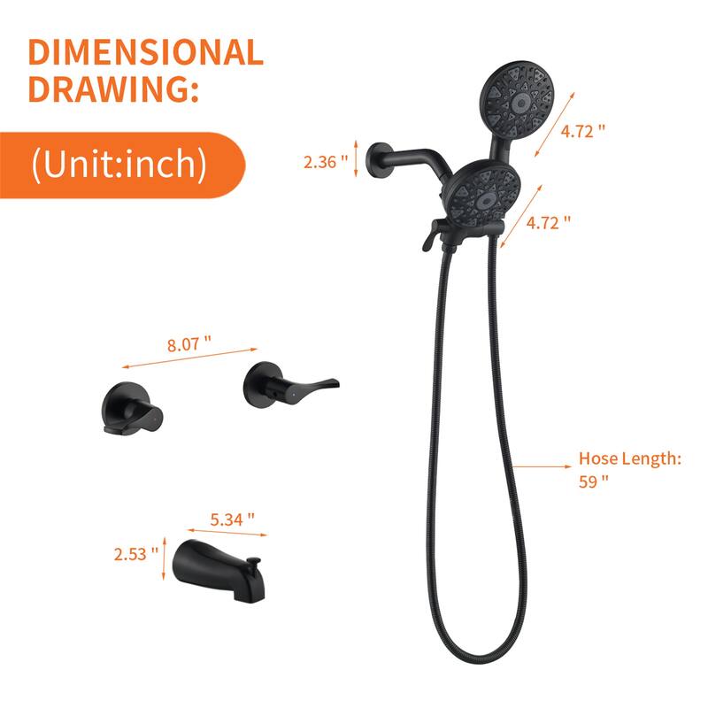 Wall Mount Dual Head Shower Faucet with Tub Spout Brass Complete Shower System with Handheld Shower Valve Included