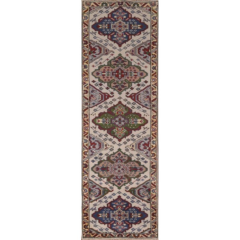 Geometric Kazak Runner Rug Hand-Knotted Beige Wool Carpet - 2'6"x 9'10"