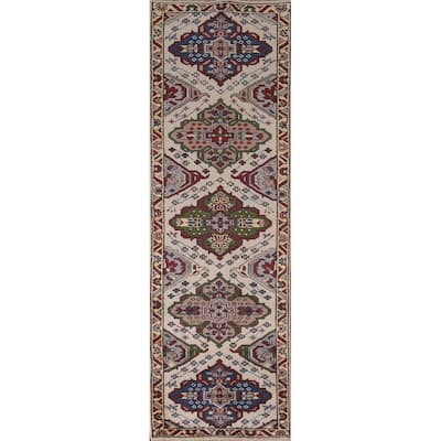 Geometric Kazak Runner Rug Hand-Knotted Beige Wool Carpet - 2'6"x 9'10"