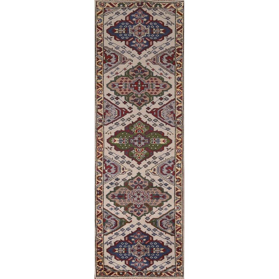 Geometric Kazak Runner Rug Hand-Knotted Beige Wool Carpet - 2'6"x 9'10"