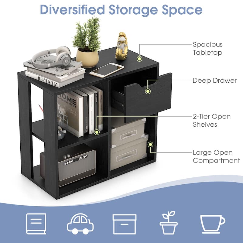 2-Tier Wooden Bookcase with Pull-out Drawer for Bedroom or Living Room