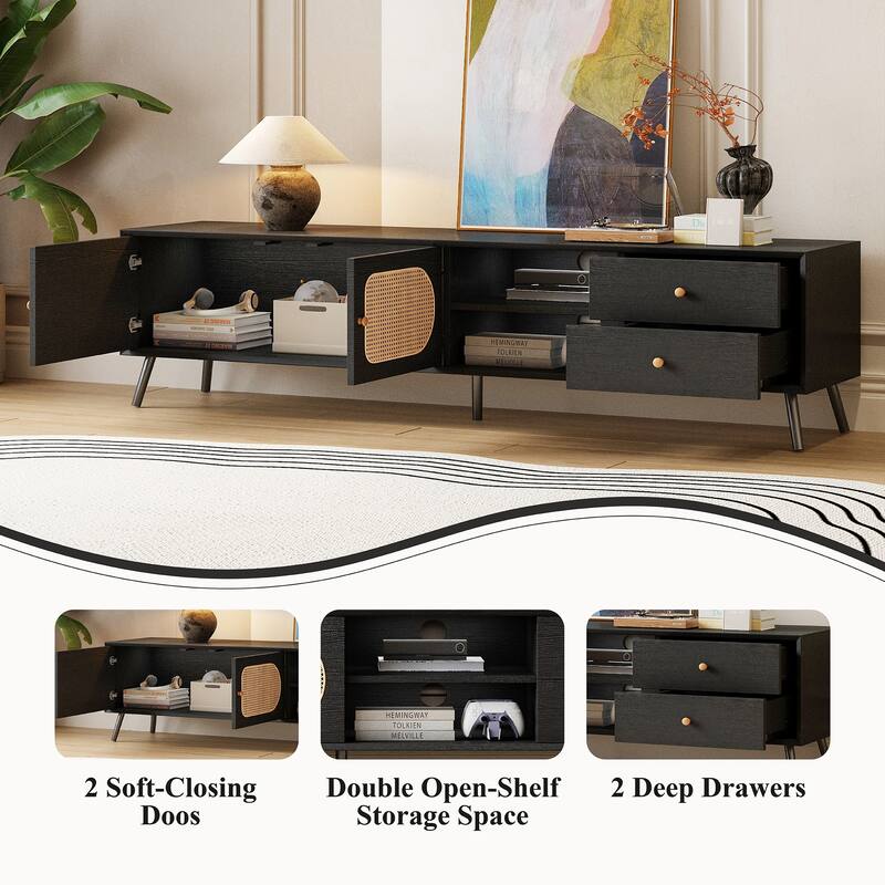 70" TV Stand for TVs up to 80 Inches, Mid Century Modern Entertainment Center with Rattan Doors, 2 Drawers, and Open Shelf