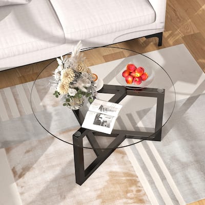 Round Coffee Table with Glass Top & Wood Base