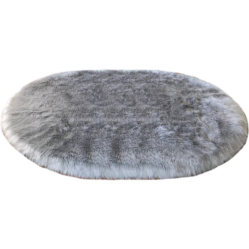 Spectrum Faux Sheepskin Oval Shape Shag Area Rug - 4' x 6' Oval - Grey