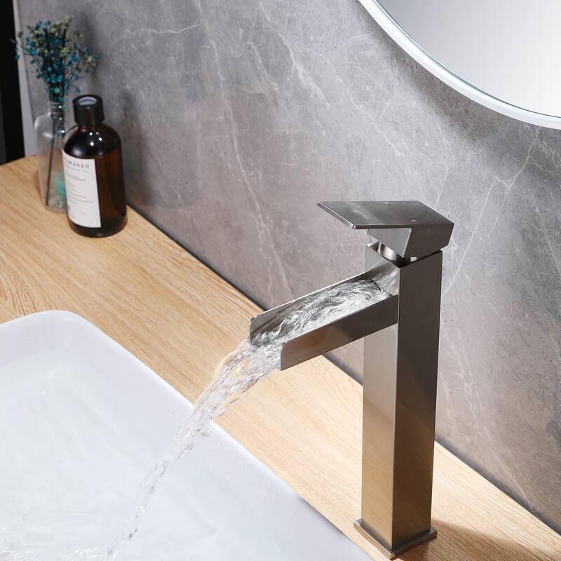 Single Handle Square Tall Waterfall Bathroom Sink Faucet