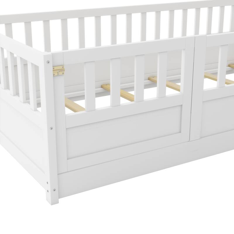 Floor Bed Pine Wood Bed Frame with Fence and Door Easy Assembly