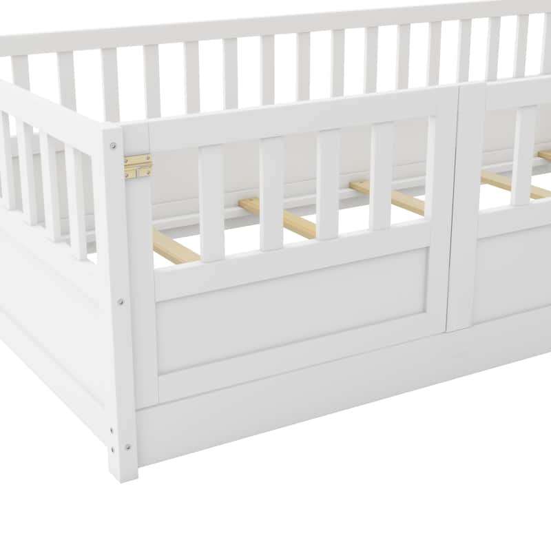 Twin Size Pine Wood Floor Bed with Full-Length Guardrail and Door