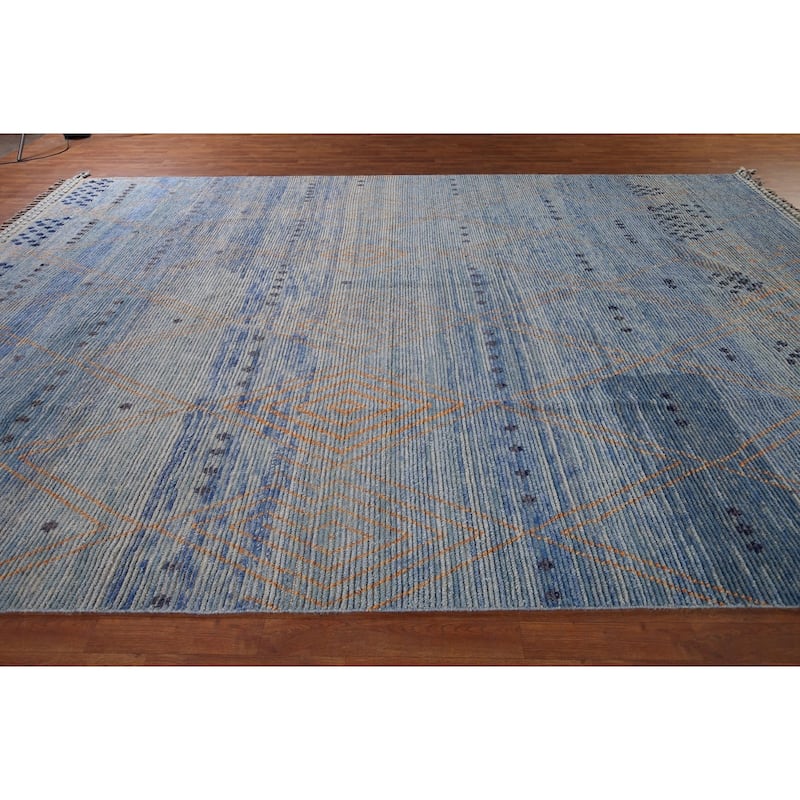 Blue Moroccan Oriental Large Area Rug Handmade Wool Carpet - 9'9" x 14'10"