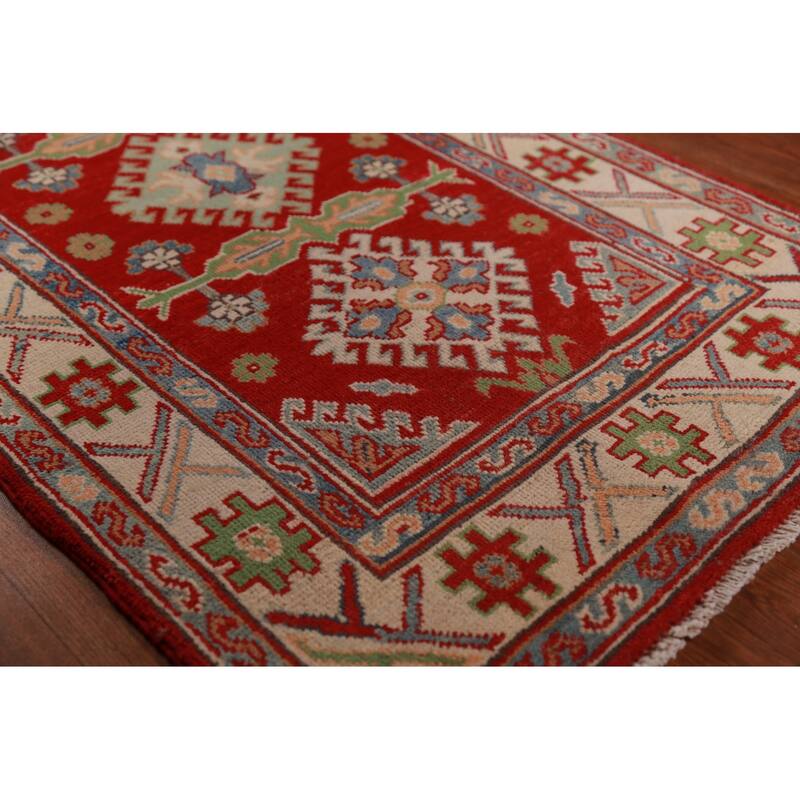 Red Kazak Foyer Rug Handmade Traditional Geometric Wool Carpet - 2'8"x 4'3"