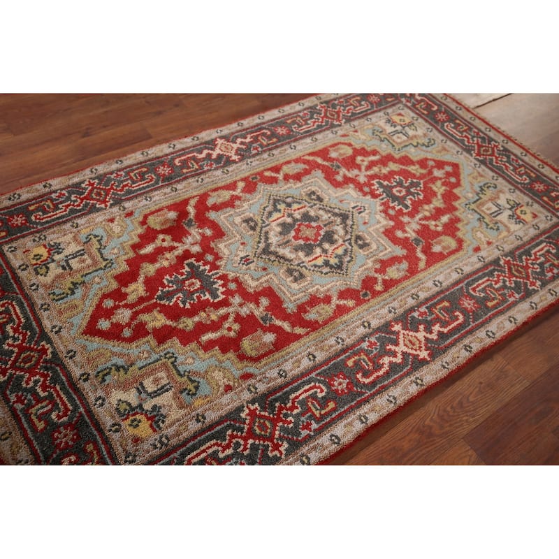 Geometric Red Heriz Serapi Indian Accent Rug Hand-Knotted Wool Carpet - 2'11"x 4'11"